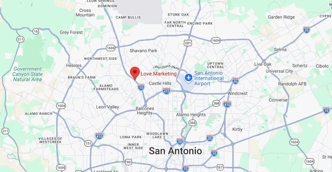 Map showing love.marketing main office location near I-10 and Wurzbach Pkwy in San Antonio, TX